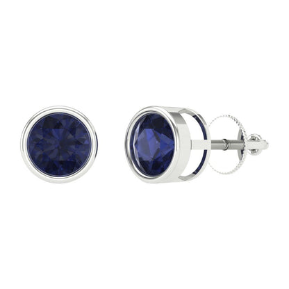 2 ctw Blue Sapphire Studs Earrings | 6.5mm Round Cut White Gold Screw back | September Birthstone