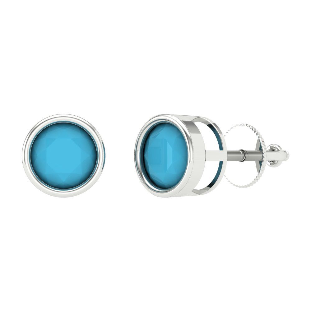 2 ctw Turquoise Studs Earrings | 6.5mm Round Cut White Gold Screw back | December Birthstone
