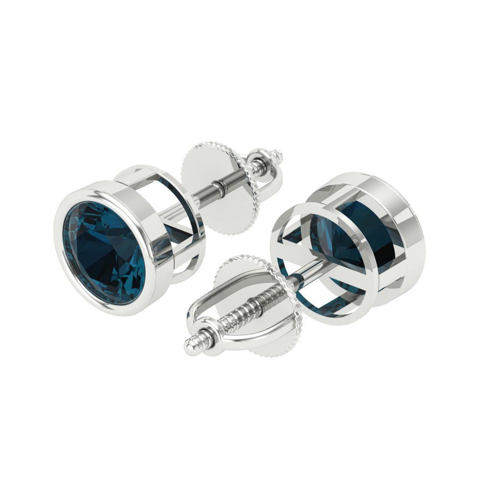 2 ctw London Blue Topaz Studs Earrings | 6.5mm Round Cut White Gold Screw back | December Birthstone
