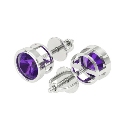 2 ctw Amethyst Studs Earrings | 6.5mm Round Cut White Gold Screw back | February Birthstone