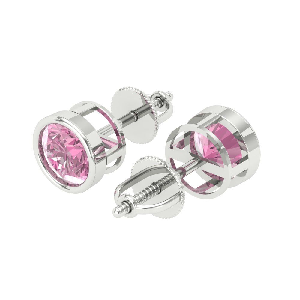 2 ctw Pink Zirconia Studs Earrings | 6.5mm Round Cut White Gold Screw back | April Birthstone
