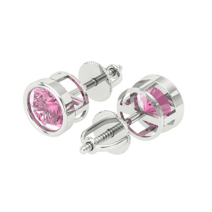 2 ctw Pink Zirconia Studs Earrings | 6.5mm Round Cut White Gold Screw back | April Birthstone