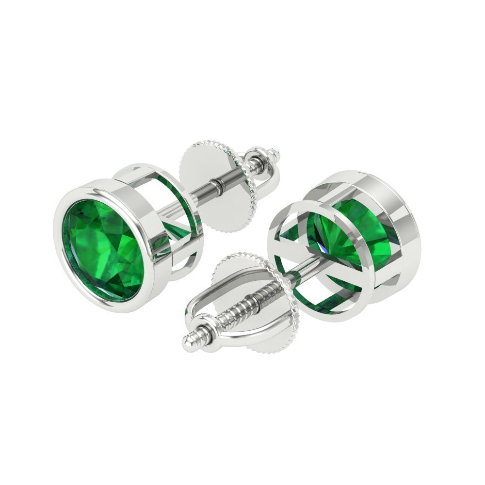 2 ctw Emerald Studs Earrings | 6.5mm Round Cut White Gold Screw back | May Birthstone