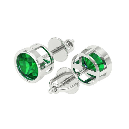 2 ctw Emerald Studs Earrings | 6.5mm Round Cut White Gold Screw back | May Birthstone
