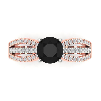 1.27 cttw Natural Onyx Solitaire with Zirconia Simulated Diamond Accents Engagement Ring - Solid White/Rose Gold (VVS1, Round Cut,6.5mm)