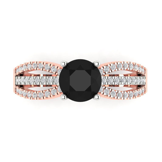 1.27 cttw Natural Onyx Solitaire with Zirconia Simulated Diamond Accents Engagement Ring - Solid White/Rose Gold (VVS1, Round Cut,6.5mm)