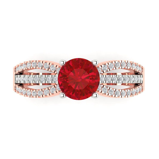 1.27 cttw Simulated Ruby Solitaire with Zirconia Simulated Diamond Accents Engagement Ring - Solid White/Rose Gold (VVS1, Round Cut,6.5mm)