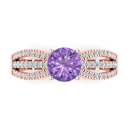 1.27 cttw Simulated Alexandrite Solitaire with Zirconia Simulated Diamond Accents Engagement Ring - Solid White/Rose Gold (VVS1, Round Cut,6.5mm)