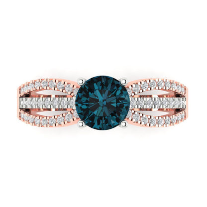 1.27 cttw Natural London Blue Topaz Solitaire with Zirconia Simulated Diamond Accents Engagement Ring - Solid Gold (Round Cut,6.5mm)