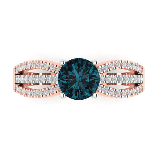 1.27 cttw Natural London Blue Topaz Solitaire with Zirconia Simulated Diamond Accents Engagement Ring - Solid White/Rose Gold (VVS1, Round Cut,6.5mm)