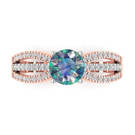 1.27 cttw Blue Moissanite Solitaire with Zirconia Simulated Diamond Accents Engagement Ring - Solid White/Rose Gold (VVS1, Round Cut,6.5mm)