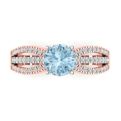 1.27 cttw Natural Aquamarine Solitaire with Zirconia Simulated Diamond Accents Engagement Ring - Solid White/Rose Gold (VVS1, Round Cut,6.5mm)