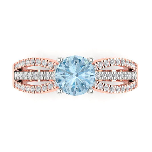 1.27 cttw Natural Aquamarine Solitaire with Zirconia Simulated Diamond Accents Engagement Ring - Solid White/Rose Gold (VVS1, Round Cut,6.5mm)