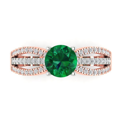 1.27 cttw Simulated Emerald Solitaire with Zirconia Simulated Diamond Accents Engagement Ring - Solid White/Rose Gold (VVS1, Round Cut,6.5mm)