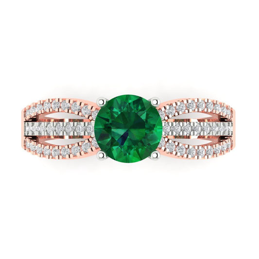 1.27 cttw Simulated Emerald Solitaire with Zirconia Simulated Diamond Accents Engagement Ring - Solid White/Rose Gold (VVS1, Round Cut,6.5mm)