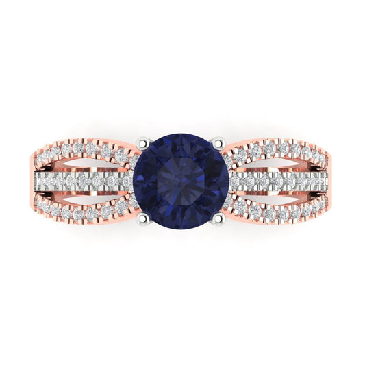 1.27 cttw Simulated Blue Sapphire Solitaire with Zirconia Simulated Diamond Accents Engagement Ring - Solid White/Rose Gold (VVS1, Round Cut,6.5mm)