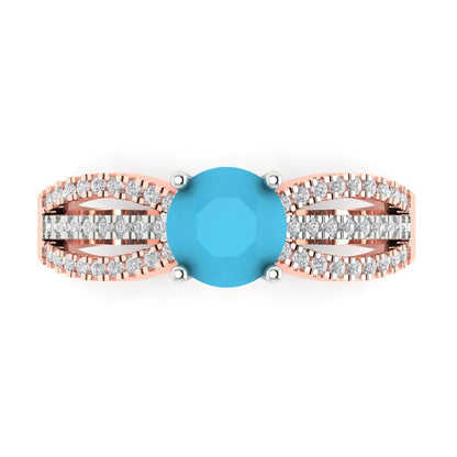 1.27 cttw Simulated Turquoise Solitaire with Zirconia Simulated Diamond Accents Engagement Ring - Solid White/Rose Gold (VVS1, Round Cut,6.5mm)
