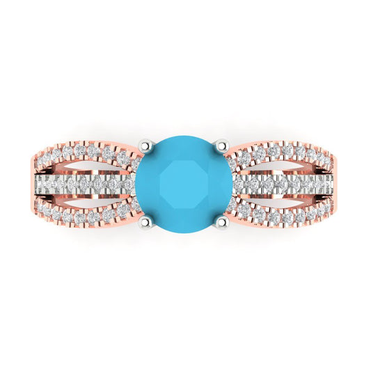 1.27 cttw Simulated Turquoise Solitaire with Zirconia Simulated Diamond Accents Engagement Ring - Solid White/Rose Gold (VVS1, Round Cut,6.5mm)