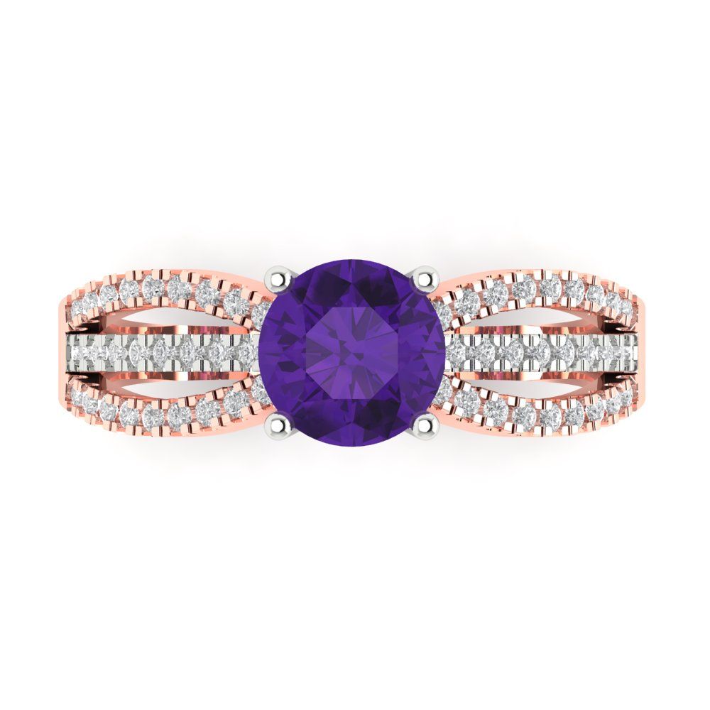 1.27 cttw Natural Amethyst Solitaire with Zirconia Simulated Diamond Accents Engagement Ring - Solid White/Rose Gold (VVS1, Round Cut,6.5mm)