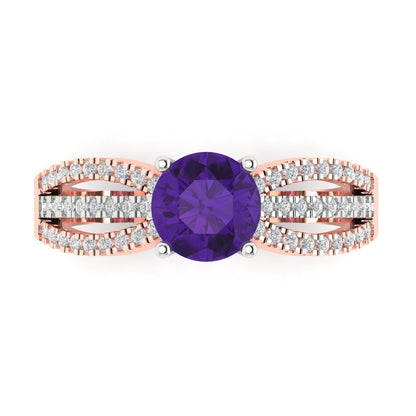 1.27 cttw Natural Amethyst Solitaire with Zirconia Simulated Diamond Accents Engagement Ring - Solid White/Rose Gold (VVS1, Round Cut,6.5mm)