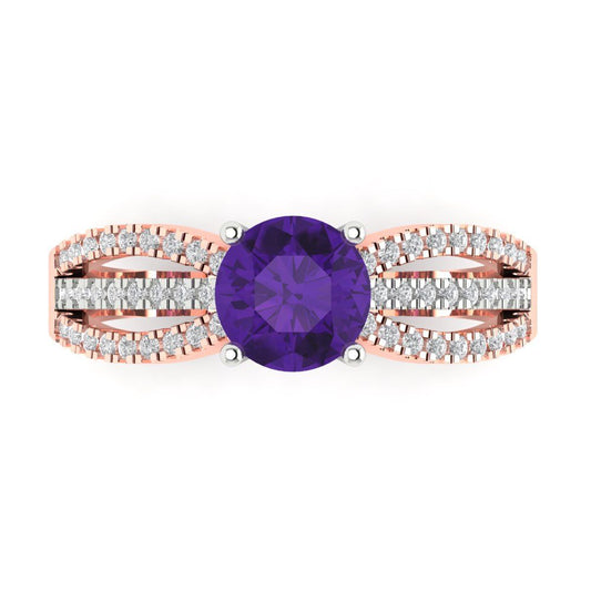 1.27 cttw Natural Amethyst Solitaire with Zirconia Simulated Diamond Accents Engagement Ring - Solid White/Rose Gold (VVS1, Round Cut,6.5mm)