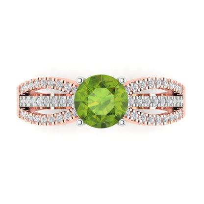 1.27 cttw Natural Peridot Solitaire with Zirconia Simulated Diamond Accents Engagement Ring - Solid Gold (Round Cut,6.5mm)