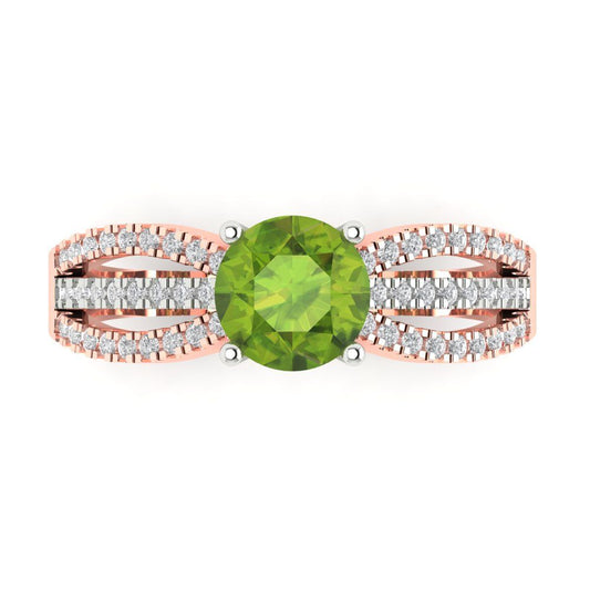 1.27 cttw Natural Peridot Solitaire with Zirconia Simulated Diamond Accents Engagement Ring - Solid White/Rose Gold (VVS1, Round Cut,6.5mm)