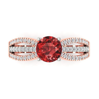 1.27 cttw Natural Garnet Solitaire with Zirconia Simulated Diamond Accents Engagement Ring - Solid White/Rose Gold (VVS1, Round Cut,6.5mm)
