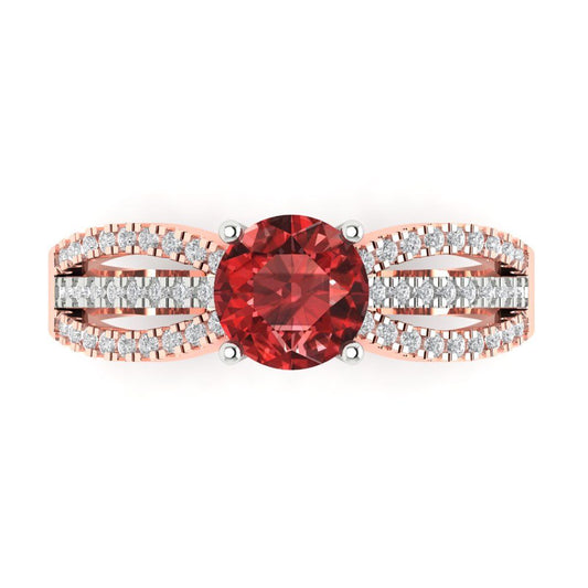 1.27 cttw Natural Garnet Solitaire with Zirconia Simulated Diamond Accents Engagement Ring - Solid White/Rose Gold (VVS1, Round Cut,6.5mm)