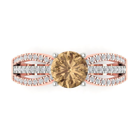 1.27 cttw Zirconia Simulated Champagne Diamond Solitaire with Zirconia Simulated Diamond Accents Engagement Ring - Solid White/Rose Gold (VVS1, Round Cut,6.5mm)