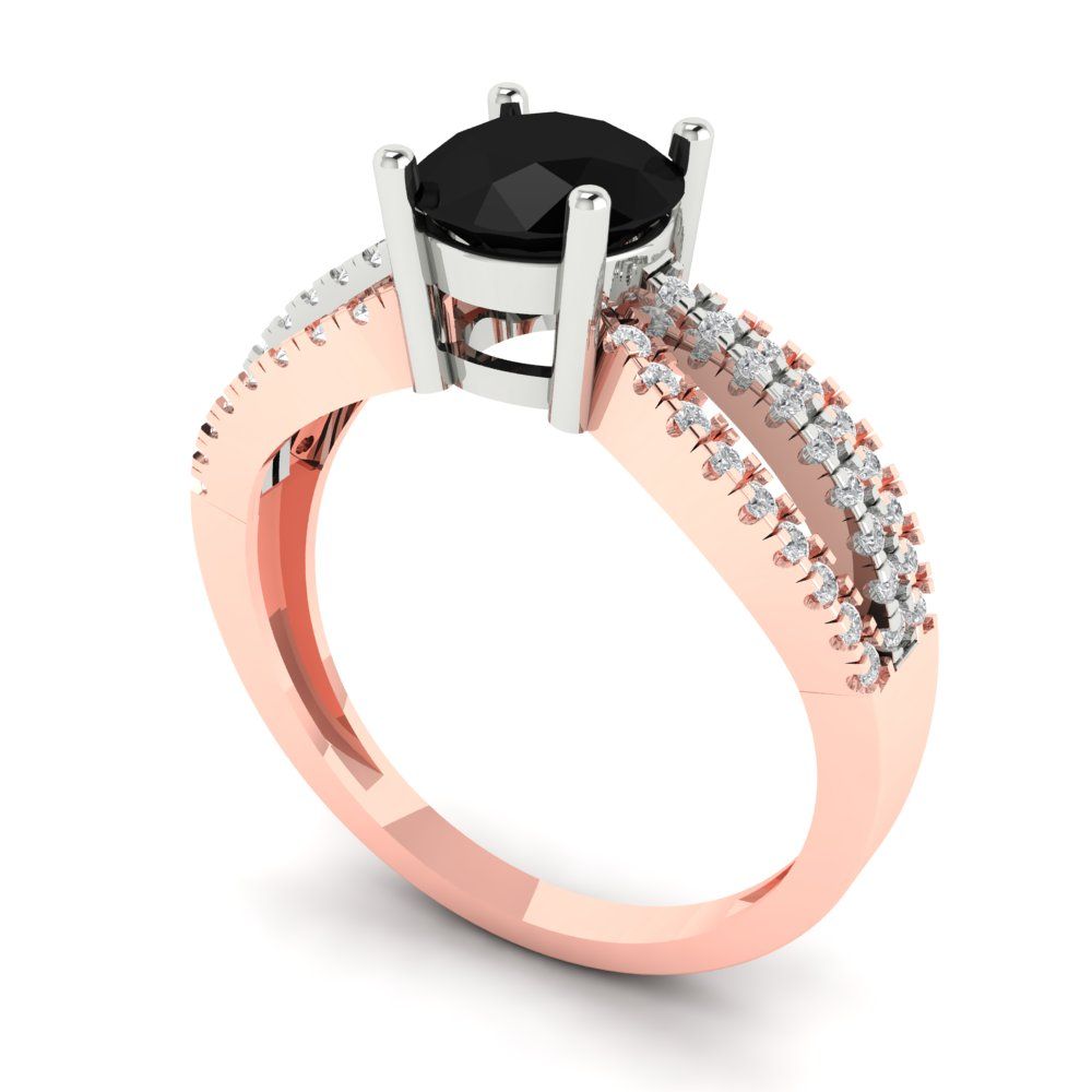 1.27 cttw Natural Onyx Solitaire with Zirconia Simulated Diamond Accents Engagement Ring - Solid White/Rose Gold (VVS1, Round Cut,6.5mm)