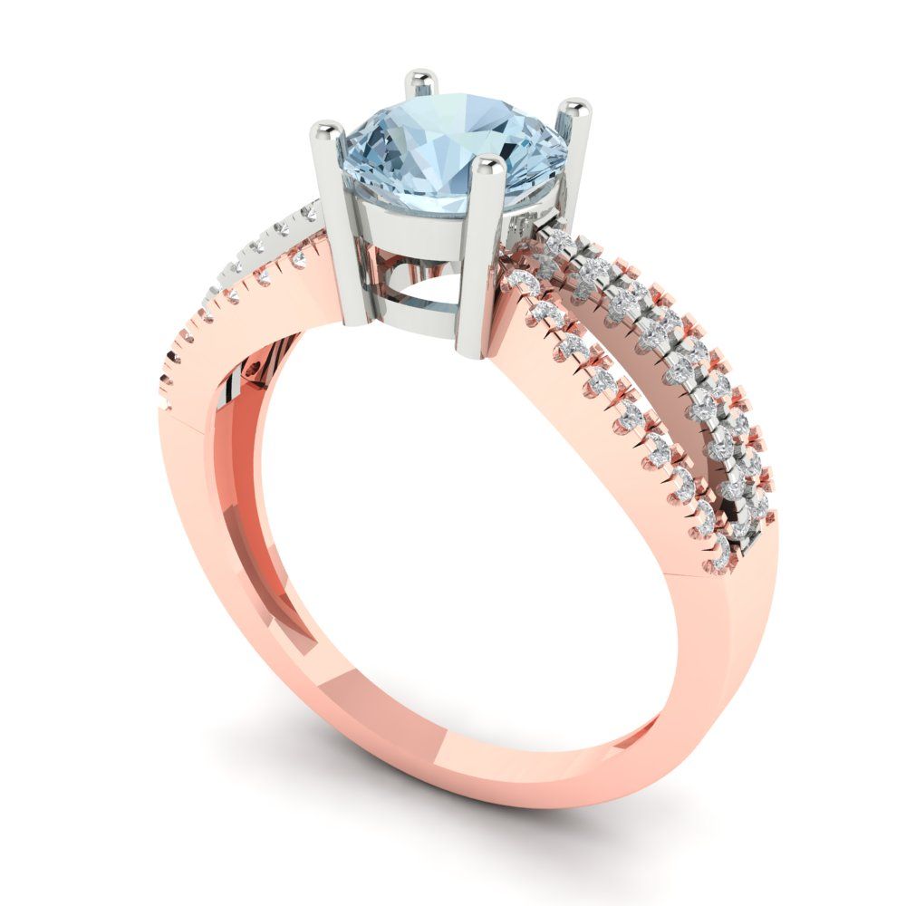 1.27 cttw Natural Aquamarine Solitaire with Zirconia Simulated Diamond Accents Engagement Ring - Solid White/Rose Gold (VVS1, Round Cut,6.5mm)