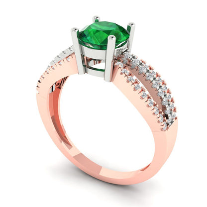 1.27 cttw Simulated Emerald Solitaire with Zirconia Simulated Diamond Accents Engagement Ring - Solid White/Rose Gold (VVS1, Round Cut,6.5mm)
