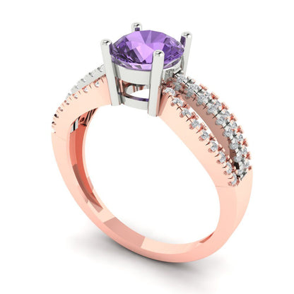 1.27 cttw Simulated Alexandrite Solitaire with Zirconia Simulated Diamond Accents Engagement Ring - Solid White/Rose Gold (VVS1, Round Cut,6.5mm)