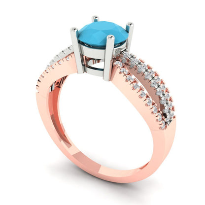 1.27 cttw Simulated Turquoise Solitaire with Zirconia Simulated Diamond Accents Engagement Ring - Solid White/Rose Gold (VVS1, Round Cut,6.5mm)