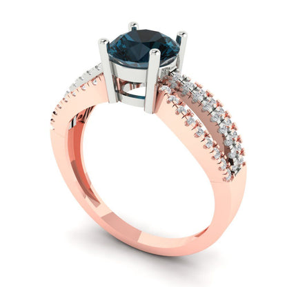 1.27 cttw Natural London Blue Topaz Solitaire with Zirconia Simulated Diamond Accents Engagement Ring - Solid Gold (Round Cut,6.5mm)