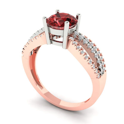 1.27 cttw Natural Garnet Solitaire with Zirconia Simulated Diamond Accents Engagement Ring - Solid White/Rose Gold (VVS1, Round Cut,6.5mm)