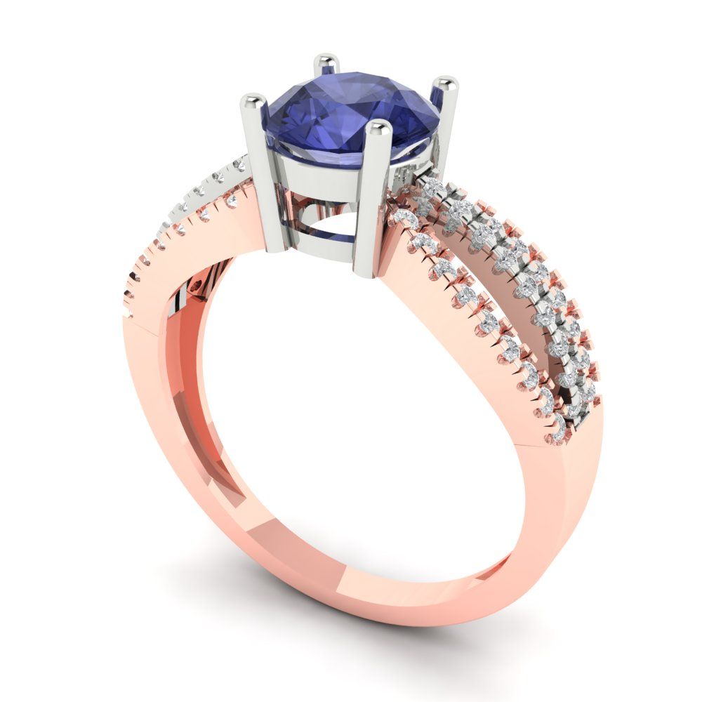 1.27 cttw Simulated Tanzanite Solitaire with Zirconia Simulated Diamond Accents Engagement Ring - Solid White/Rose Gold (VVS1, Round Cut,6.5mm)