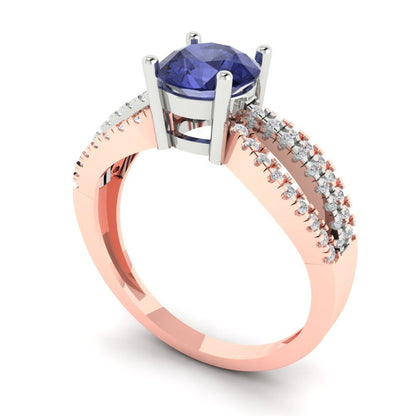 1.27 cttw Simulated Tanzanite Solitaire with Zirconia Simulated Diamond Accents Engagement Ring - Solid White/Rose Gold (VVS1, Round Cut,6.5mm)
