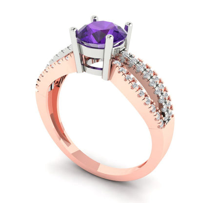 1.27 cttw Natural Amethyst Solitaire with Zirconia Simulated Diamond Accents Engagement Ring - Solid White/Rose Gold (VVS1, Round Cut,6.5mm)