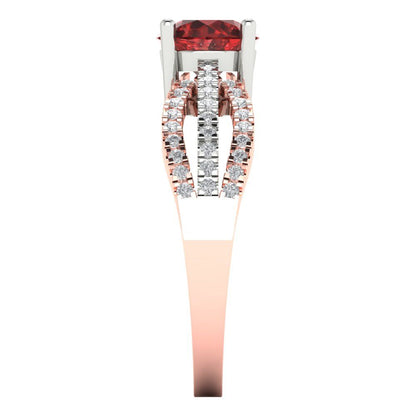 1.27 cttw Natural Garnet Solitaire with Zirconia Simulated Diamond Accents Engagement Ring - Solid White/Rose Gold (VVS1, Round Cut,6.5mm)