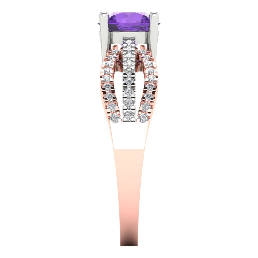 1.27 cttw Natural Amethyst Solitaire with Zirconia Simulated Diamond Accents Engagement Ring - Solid White/Rose Gold (VVS1, Round Cut,6.5mm)