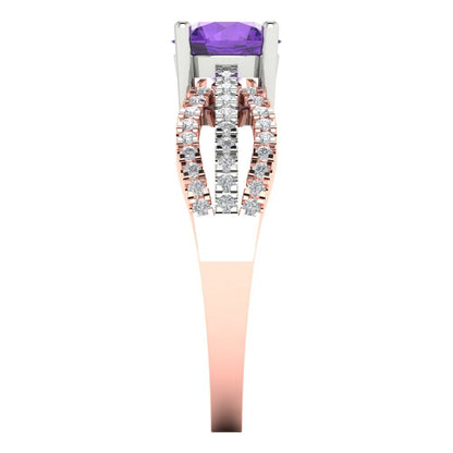 1.27 cttw Natural Amethyst Solitaire with Zirconia Simulated Diamond Accents Engagement Ring - Solid White/Rose Gold (VVS1, Round Cut,6.5mm)