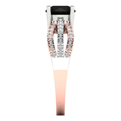 1.27 cttw Natural Onyx Solitaire with Zirconia Simulated Diamond Accents Engagement Ring - Solid White/Rose Gold (VVS1, Round Cut,6.5mm)