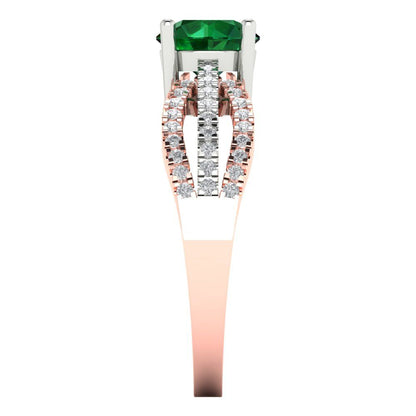 1.27 cttw Simulated Emerald Solitaire with Zirconia Simulated Diamond Accents Engagement Ring - Solid White/Rose Gold (VVS1, Round Cut,6.5mm)