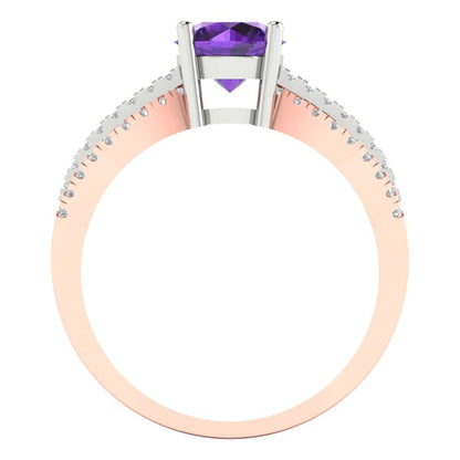 1.27 cttw Natural Amethyst Solitaire with Zirconia Simulated Diamond Accents Engagement Ring - Solid White/Rose Gold (VVS1, Round Cut,6.5mm)