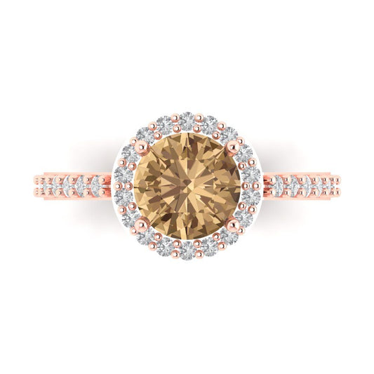 1.86 cttw Zirconia Simulated Champagne Diamond Hidden Halo Engagement Ring - Solid Rose Gold (VVS1, Round Cut,7.5mm)