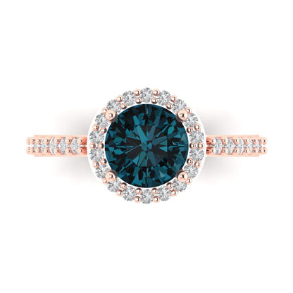 1.86 cttw Natural London Blue Topaz Hidden Halo Engagement Ring - Solid Gold (Round Cut,7.5mm)