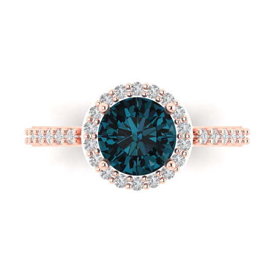 1.86 cttw Natural London Blue Topaz Hidden Halo Engagement Ring - Solid Rose Gold (VVS1, Round Cut,7.5mm)