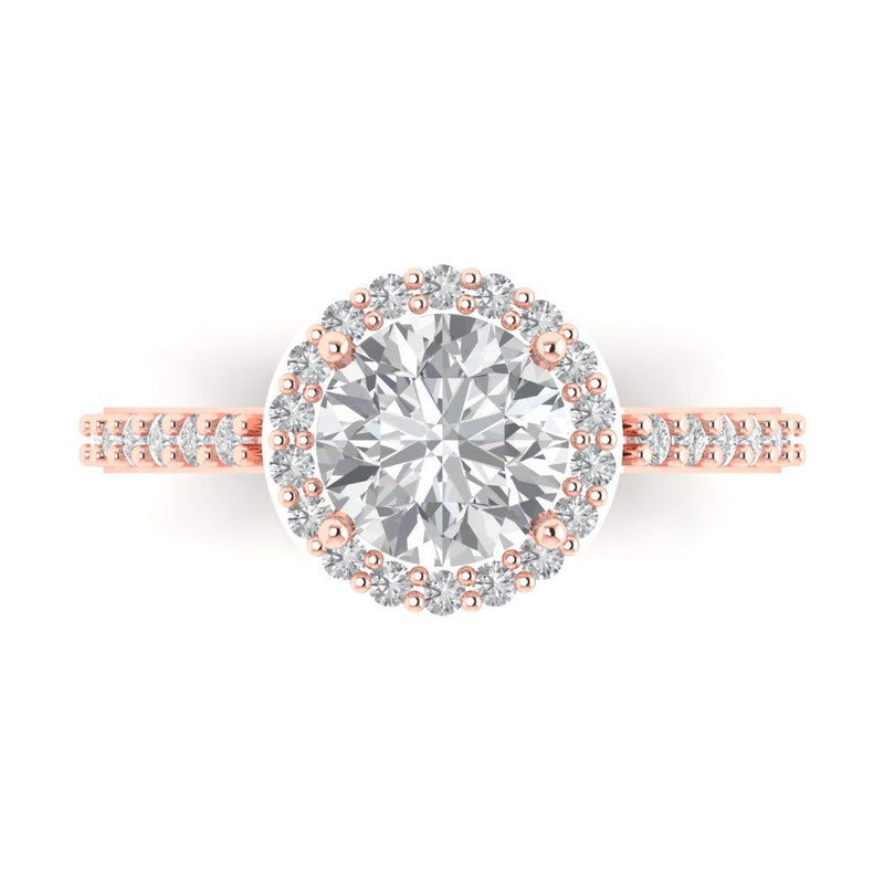 2 ct Brilliant Round Cut Clear Simulated Diamond Stone Rose Gold Halo Solitaire with Accents Ring